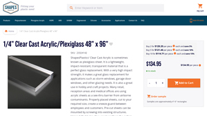 Shapes Plastics - 1/4 Clear Cast Acrylic Sheet